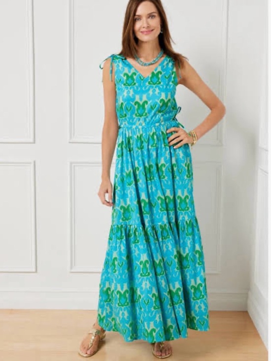 Talbots Dresses & Skirts - Talbots Blue & Green IKAT Medallion Tropical Tie-Shoulder Long Dress